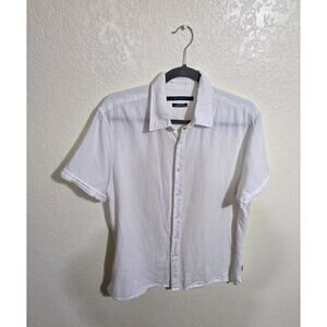 EUC Perry Ellis Mens Linen cotton Button Up Shirt Size M Mens Short Sleeve white